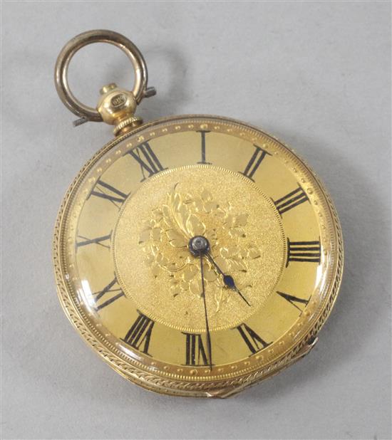 An 18ct gold fob watch, with engraved Roman dial and watch key.